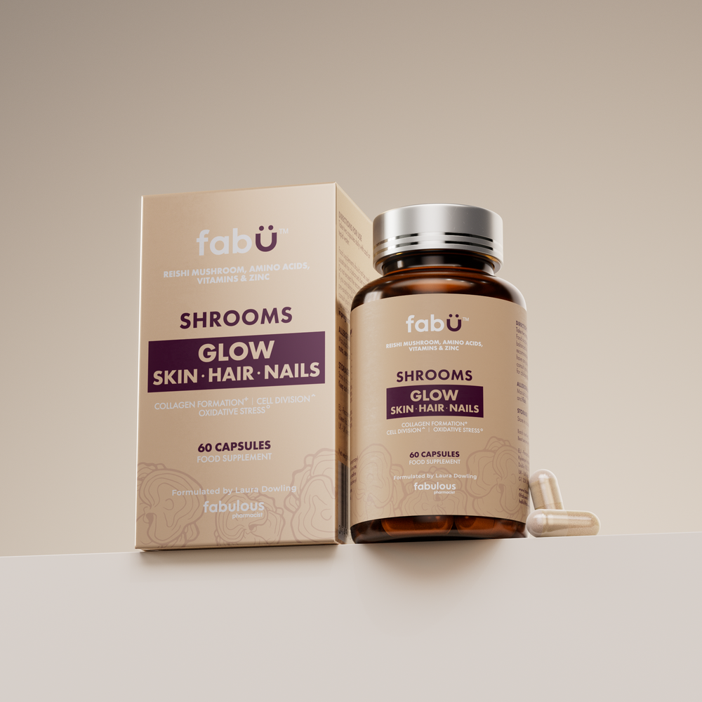 fabÜ SKIN-HAIR-NAILS GLOW mushroom supplement in amber bottle with beige box and capsules
