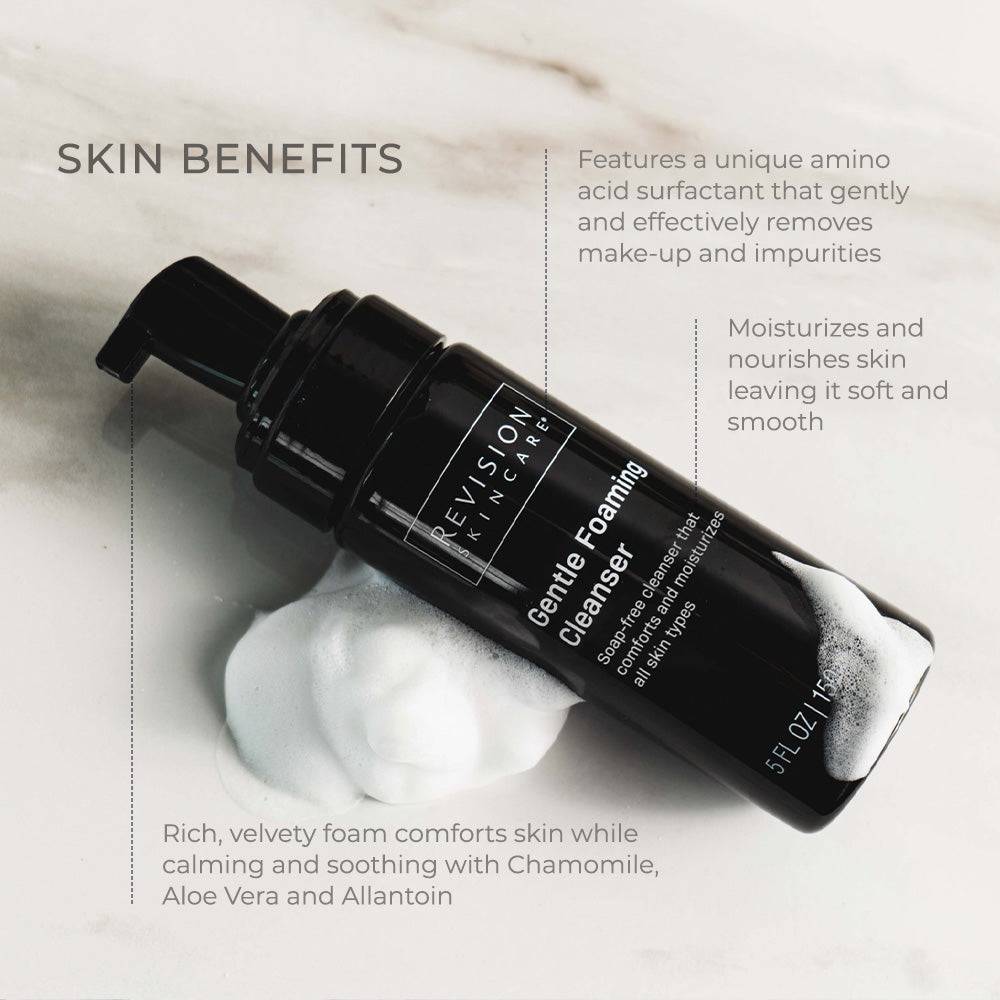 Gentle Foaming Cleanser in a black pump bottle with rich white foam and printed skincare benefits