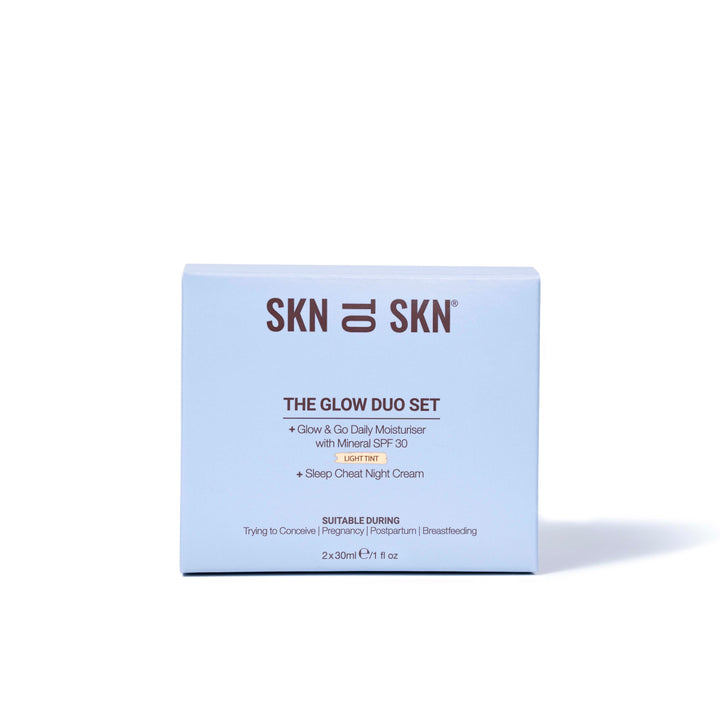 Glow & Go Daily Moisturiser duo set box with light tint, SPF 30 and Sleep Cheat Night Cream
