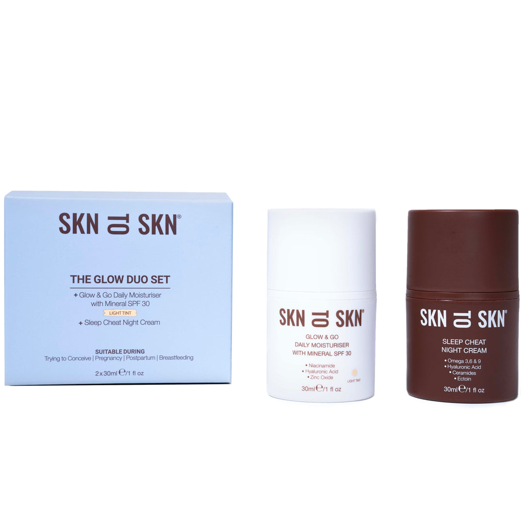 Glow & Go Daily Moisturiser in a white bottle with mineral SPF 30, alongside brown night cream and blue duo set box