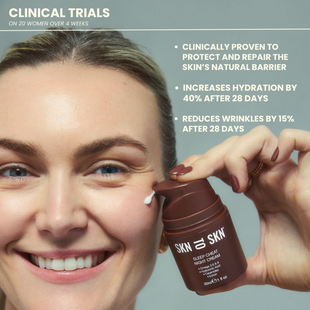 Glow & Go Daily Moisturiser clinical skincare image featuring a woman holding a brown Sleep Cheat night cream jar