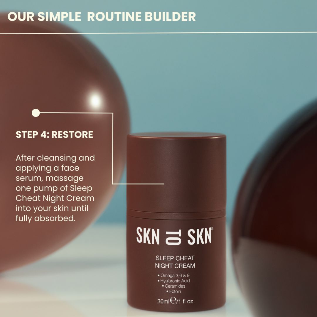 Sleep Cheat Night Cream in a brown cylindrical pump bottle with white label text and restorative skincare instructions