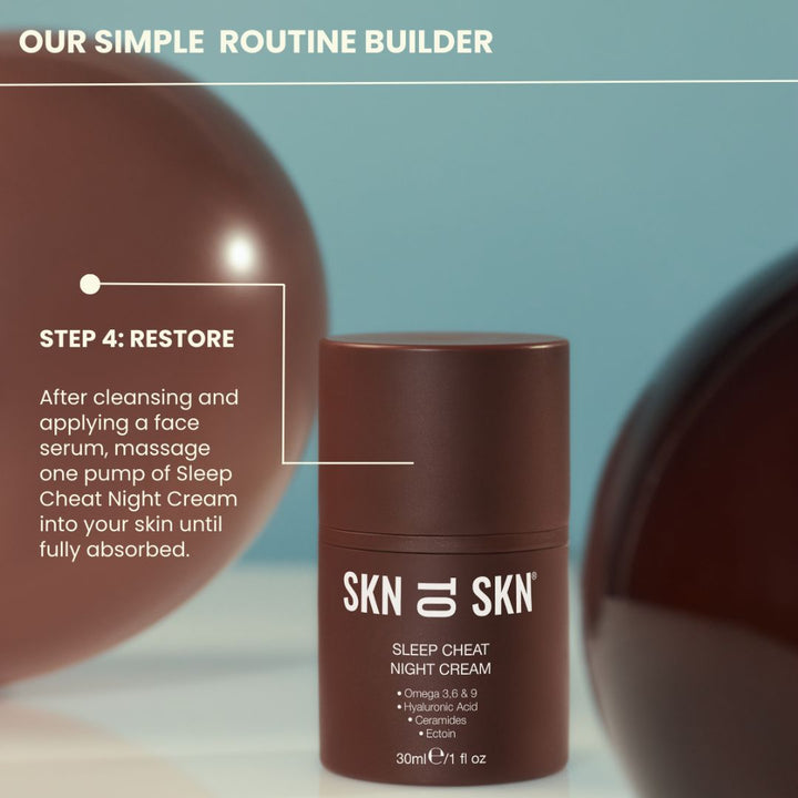 Sleep Cheat Night Cream in a brown cylindrical pump bottle with white label text and restorative skincare instructions