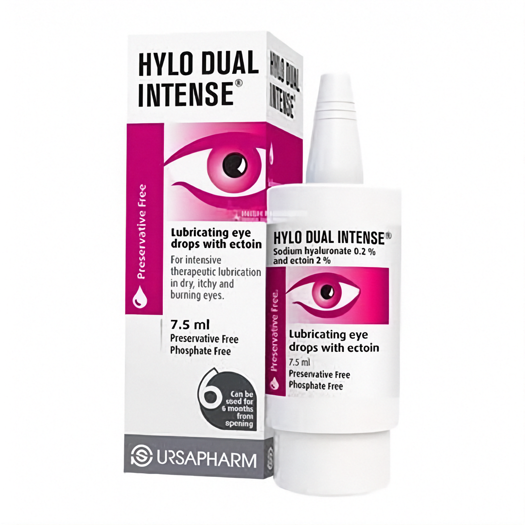 Hylo-Dual Intense® preservative-free lubricating eye drops in a white pump bottle and matching box