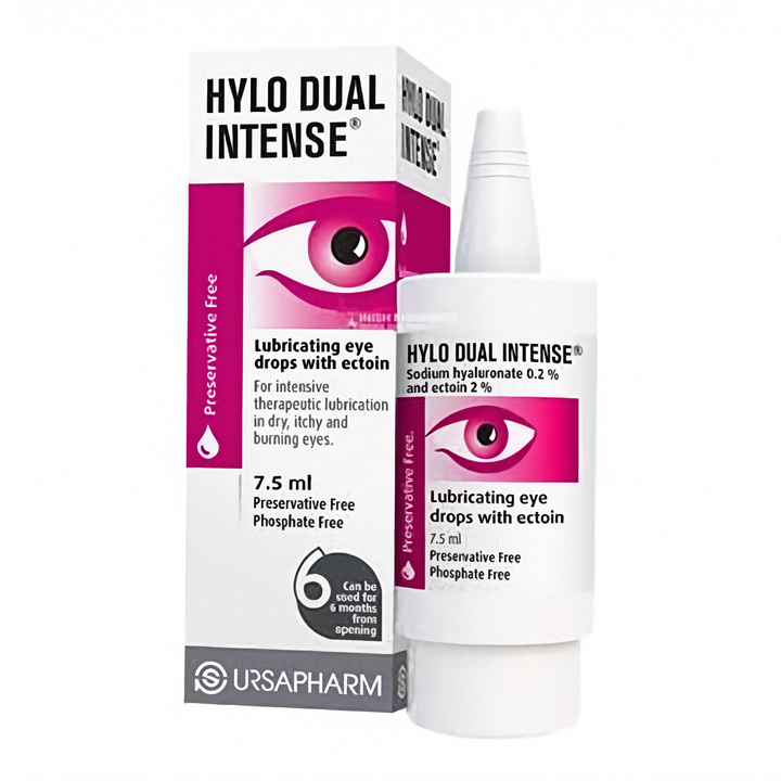 Hylo-Dual Intense® preservative-free lubricating eye drops in a white pump bottle and matching box