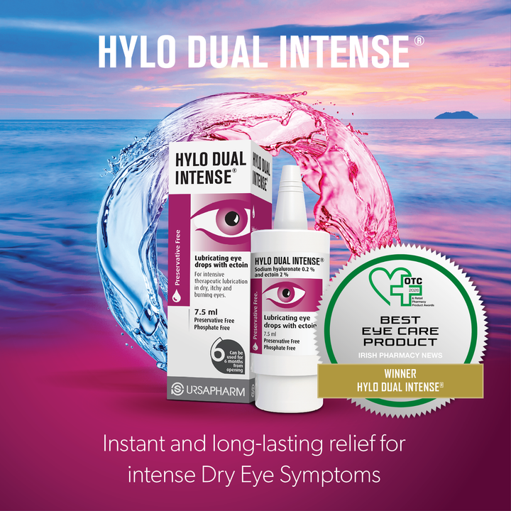 Hylo-Dual Intense® preservative-free eye drops with white bottle and pink-and-white packaging, featuring eye-care branding