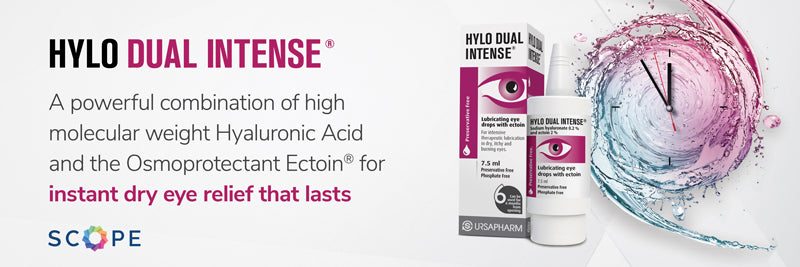Hylo-Dual Intense® preservative-free eye drops in a white pump bottle and purple-white carton