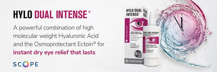 Hylo-Dual Intense® preservative-free eye drops in a white pump bottle and purple-white carton