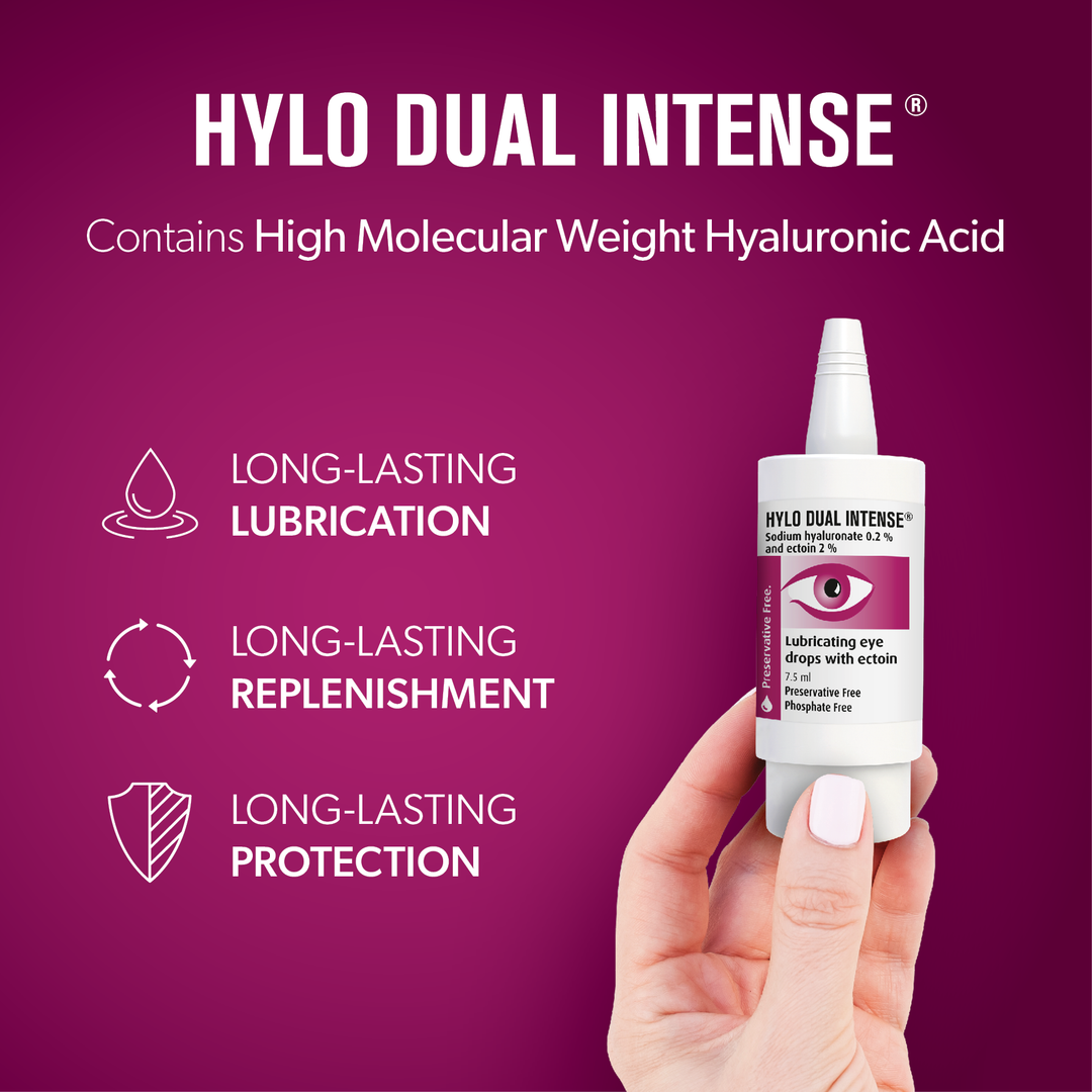 Hylo-Dual Intense® preservative-free lubricating eye drops bottle held by hand, with white dispenser and pink label
