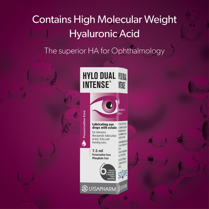 Hylo-Dual Intense® preservative-free eye drops box with hyaluronic acid formula and 7.5 ml packaging