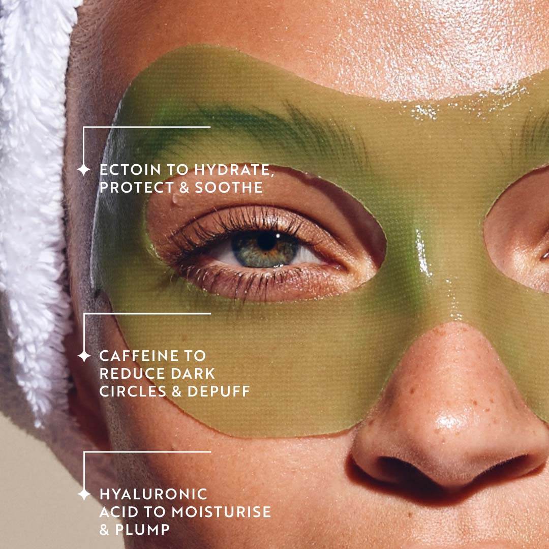 IllumiLift Hydrogel Mask green hydrogel eye and brow mask with cutout, covering under-eye area to hydrate and depuff
