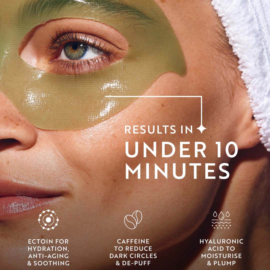 IllumiLift Hydrogel Mask in translucent green covers the under-eye and brow area, with skincare benefit text