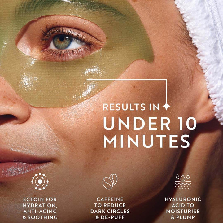 IllumiLift Hydrogel Mask in translucent green covers the under-eye and brow area, with skincare benefit text