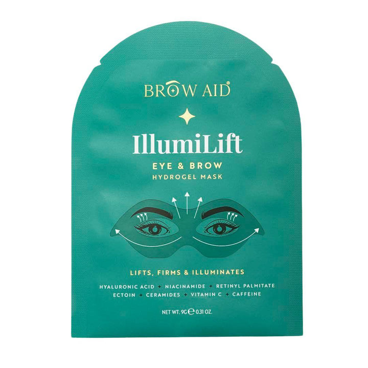 IllumiLift Hydrogel Mask teal eye and brow skincare pouch with gold lettering and illustrated lifting arrows