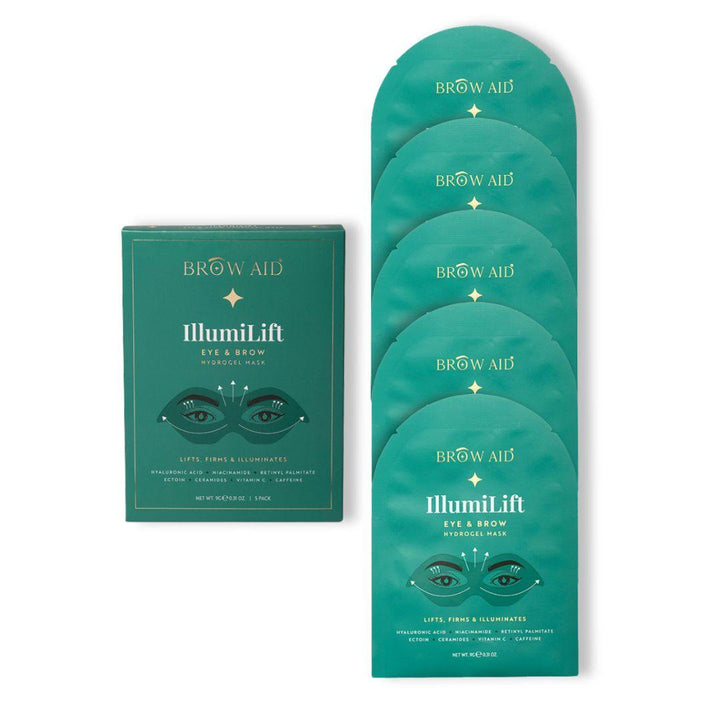 IllumiLift Hydrogel Mask in teal packaging, showing a Brow Aid eye and brow treatment box with five sachets