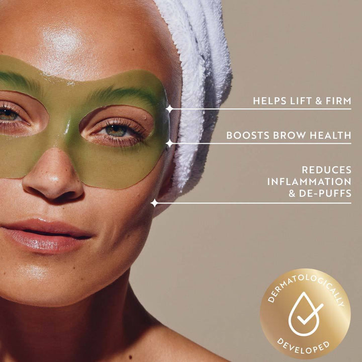 IllumiLift Hydrogel Mask green eye and brow patches on a model, designed to lift, firm and reduce puffiness