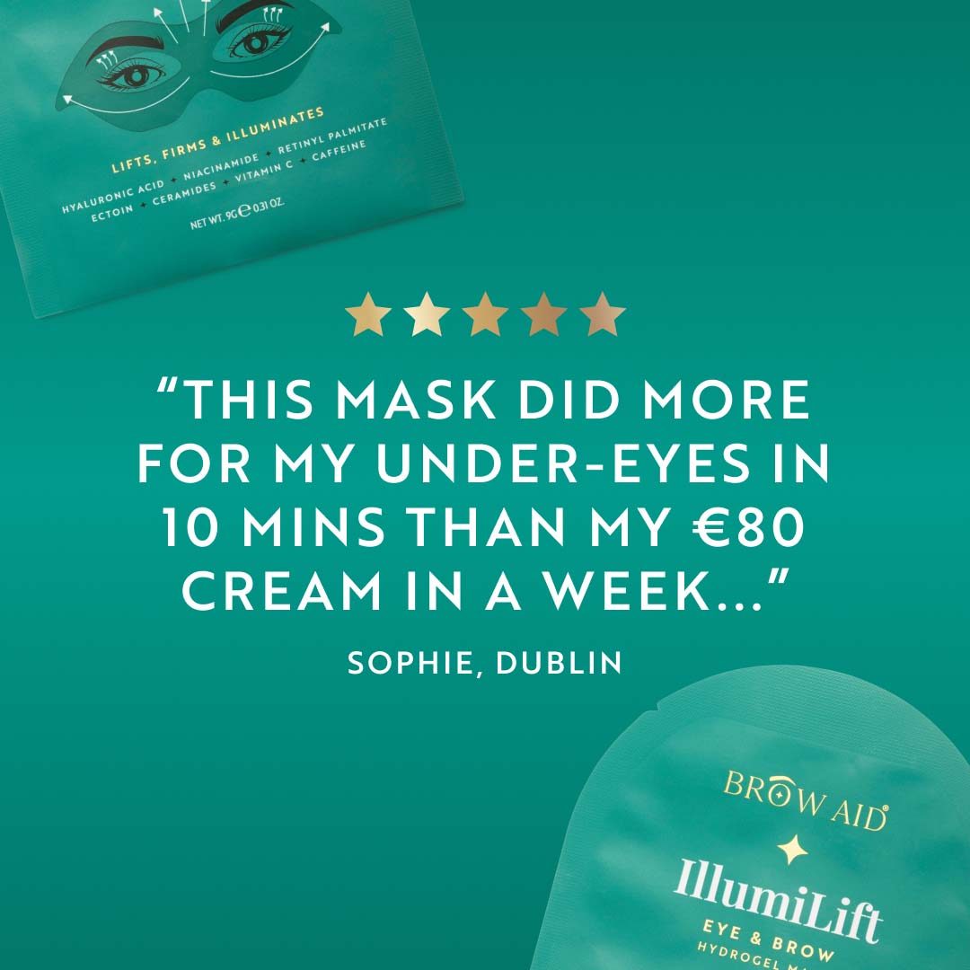 IllumiLift Hydrogel Mask teal eye and brow skincare sachets with star rating and customer testimonial text
