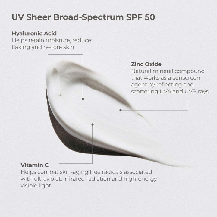 Lightweight Sunscreen cream swatch highlighting hyaluronic acid, zinc oxide, and vitamin C for SPF 50 protection