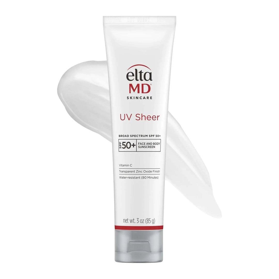 Lightweight Sunscreen in a white EltaMD UV Sheer tube with SPF 50+ mineral formula and red accents