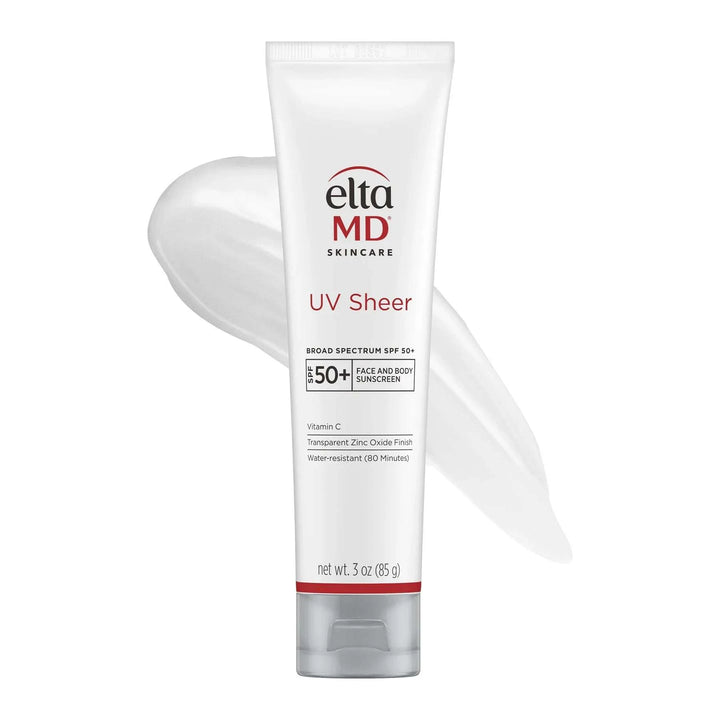 Lightweight Sunscreen in a white EltaMD UV Sheer tube with SPF 50+ mineral formula and red accents