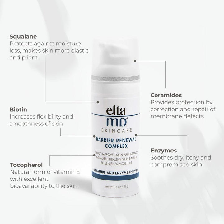 EltaMD Barrier Renewal Complex white pump bottle with blue and black text detailing ceramides, enzymes, squalane, biotin, and tocopherol benefits
