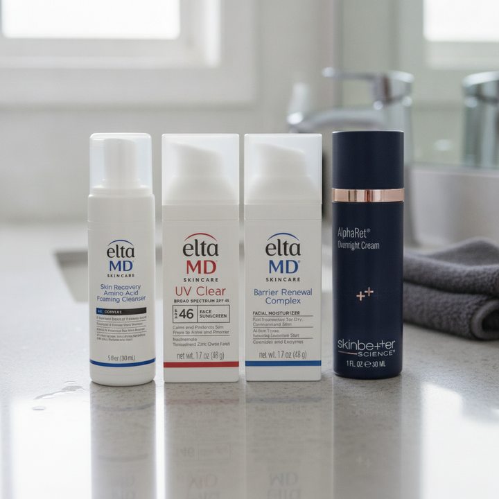 Men's Skincare Bundle with four dermatologist skincare products in white and navy containers