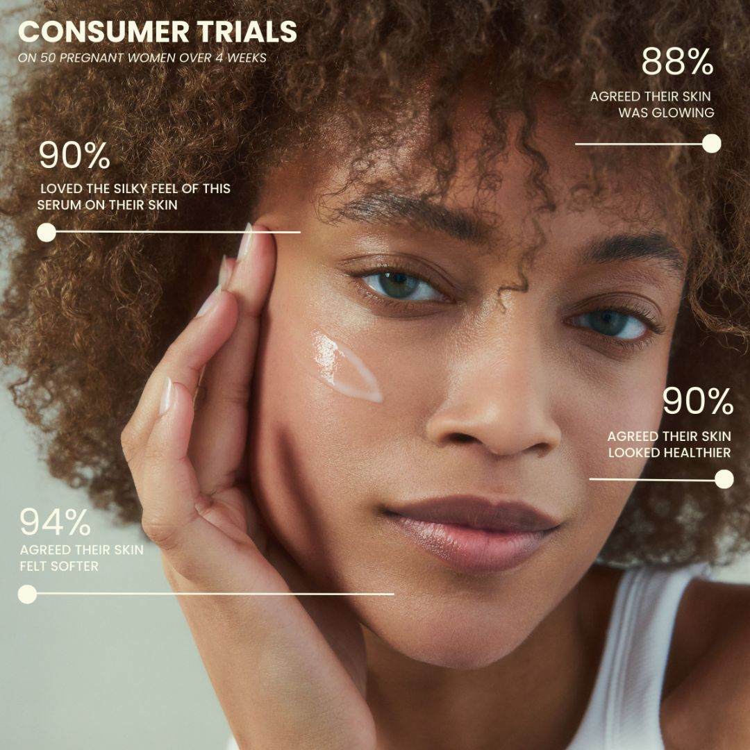 Multi-Tasking Face Serum shown as a creamy white serum streak on a woman's cheek, with glowing skin