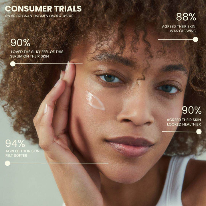 Multi-Tasking Face Serum shown as a creamy white serum streak on a woman's cheek, with glowing skin