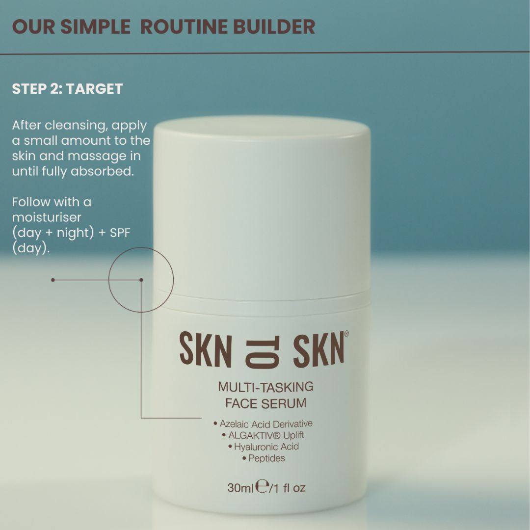 Multi-Tasking Face Serum in a white cylindrical jar with minimalist branding and printed ingredient list