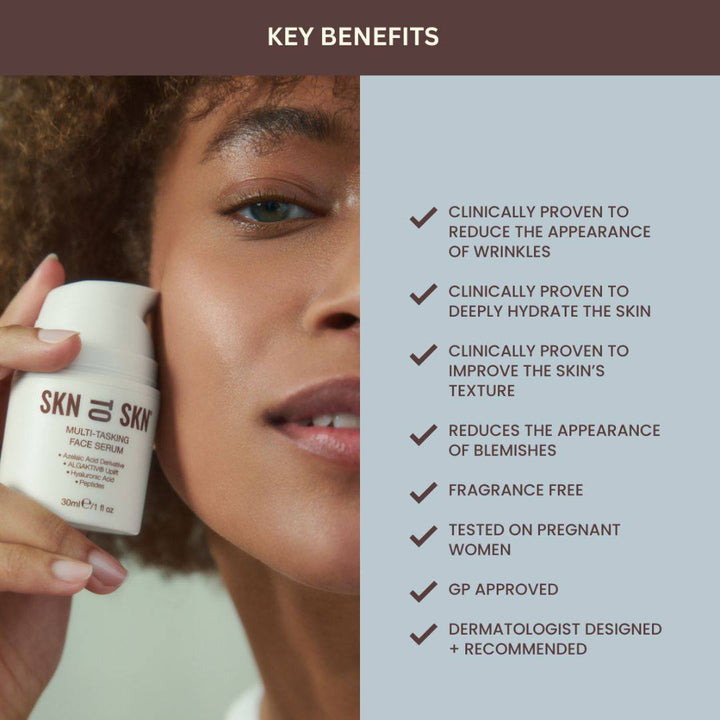 Multi-Tasking Face Serum in a white pump bottle held beside a woman's face, with key benefits text
