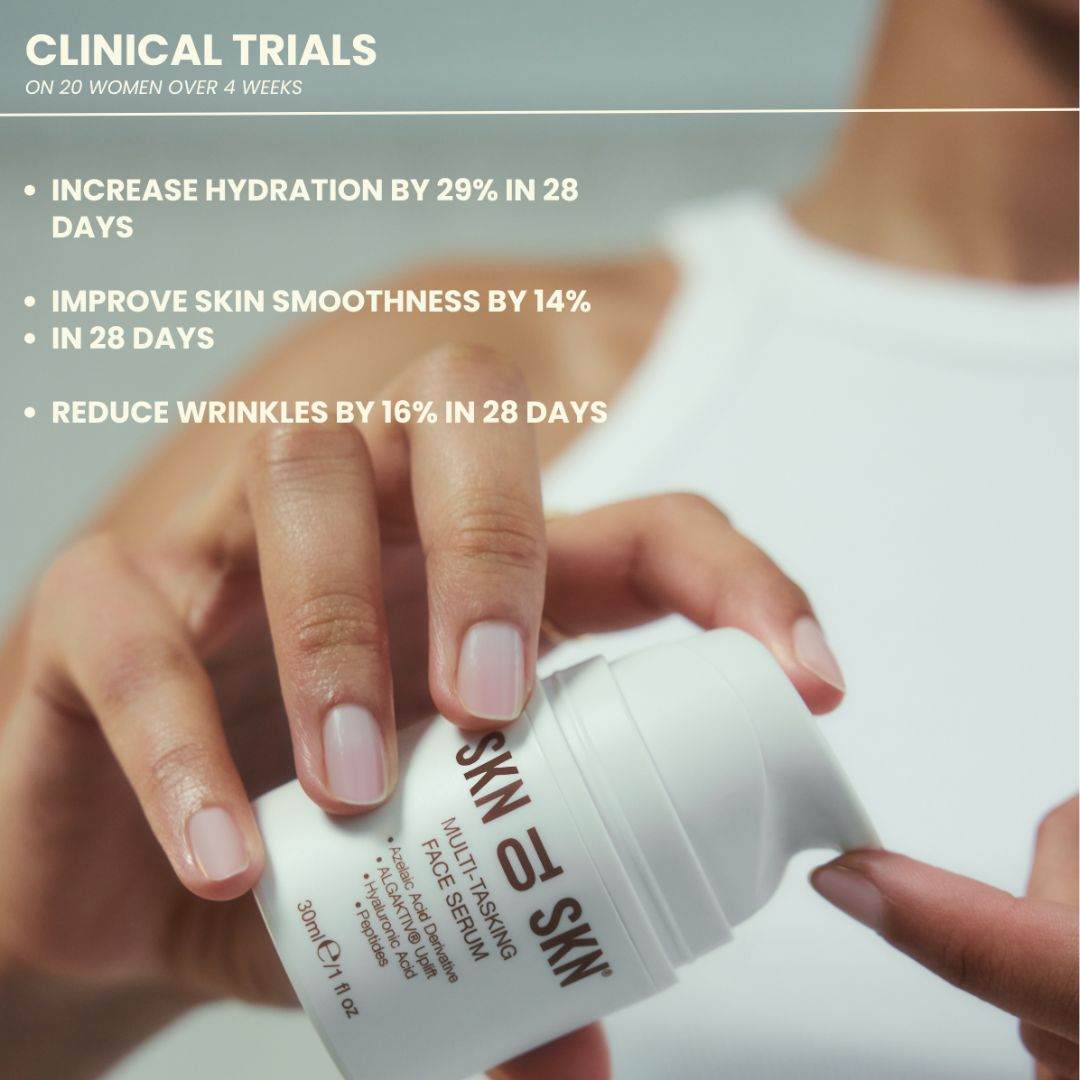 Multi-Tasking Face Serum in a white Skn to Skn pump bottle with clinical trial claims and black text