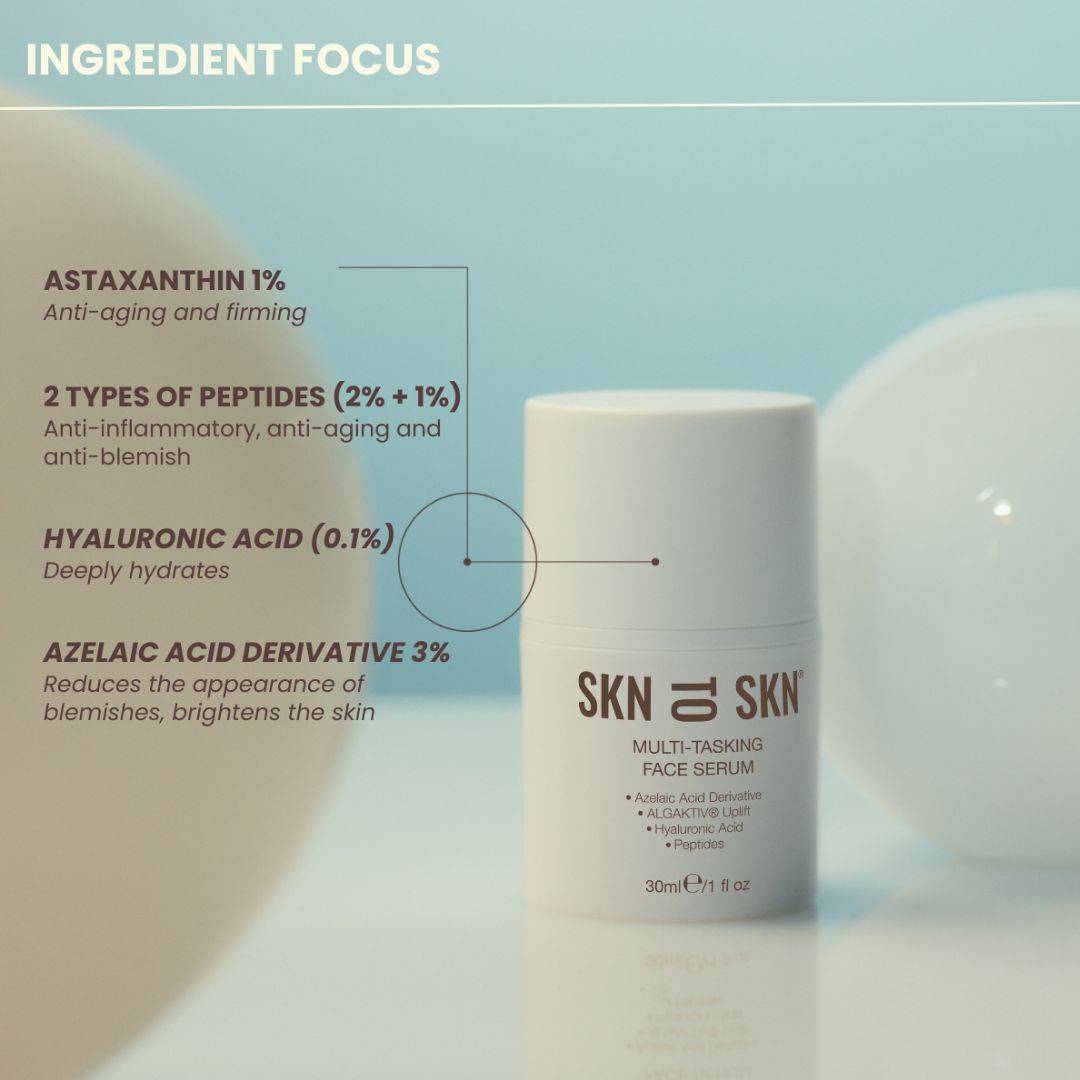 Multi-Tasking Face Serum in a white pump bottle with ingredient-focused label and peptide, hyaluronic acid and azelaic acid details