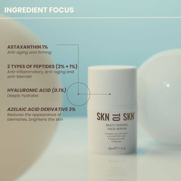 Multi-Tasking Face Serum in a white pump bottle with ingredient-focused label and peptide, hyaluronic acid and azelaic acid details