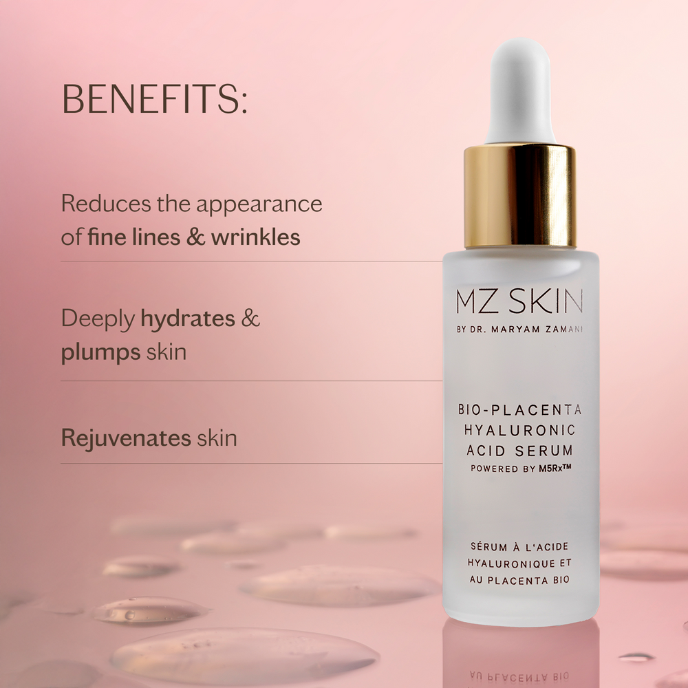 MZ Skin Bio-Placenta hyaluronic acid serum in a white dropper bottle with gold collar