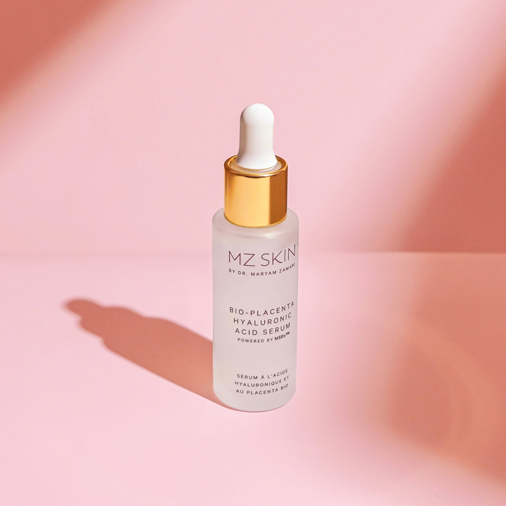 MZ Skin Bio-Placenta hyaluronic acid serum in a frosted glass dropper bottle with gold collar