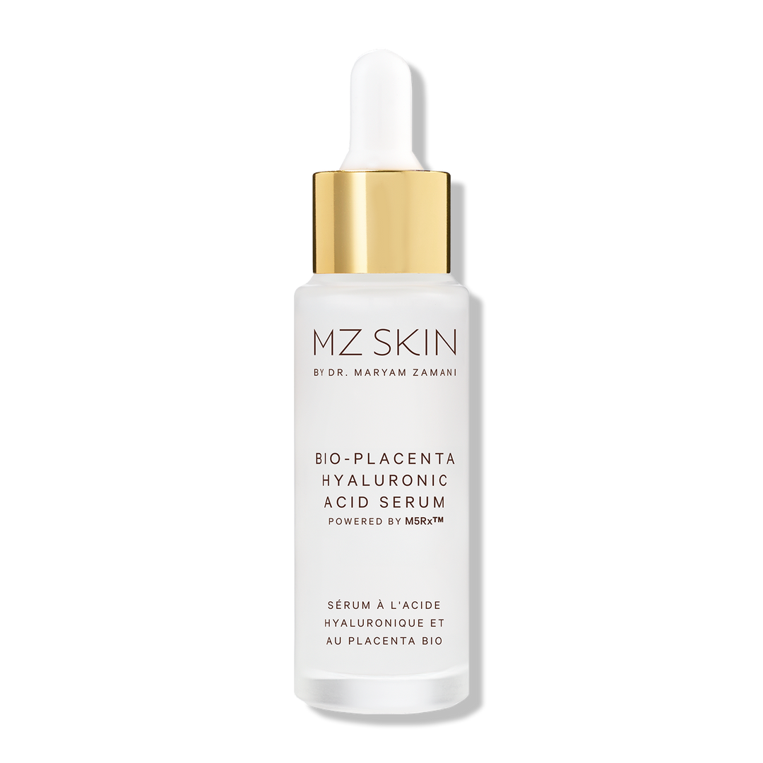 MZ Skin Bio-Placenta hyaluronic acid serum in a white dropper bottle with gold collar and minimalist label