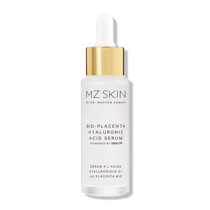 MZ Skin Bio-Placenta hyaluronic acid serum in a white dropper bottle with gold collar and minimalist label