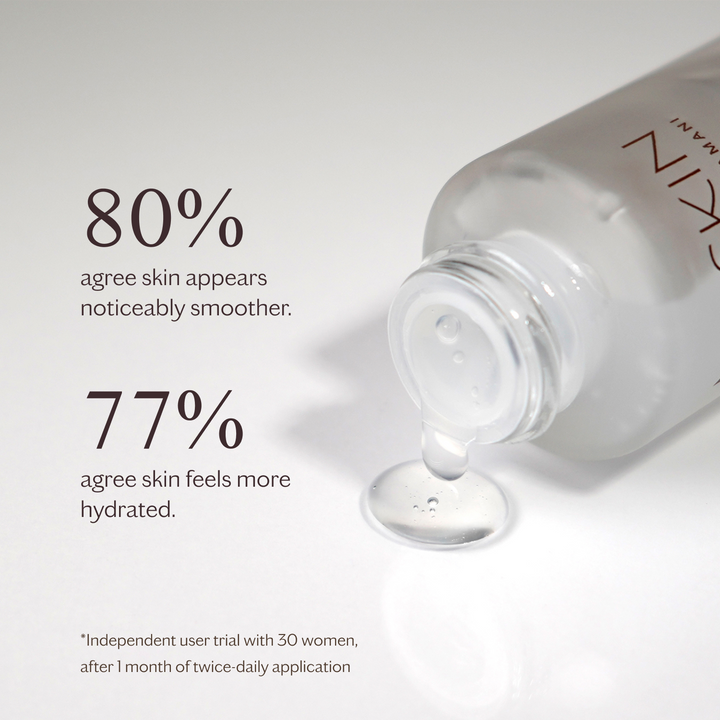 MZ Skin Bio-Placenta serum bottle with clear gel droplet and 80% smoother, 77% hydrated skin claims