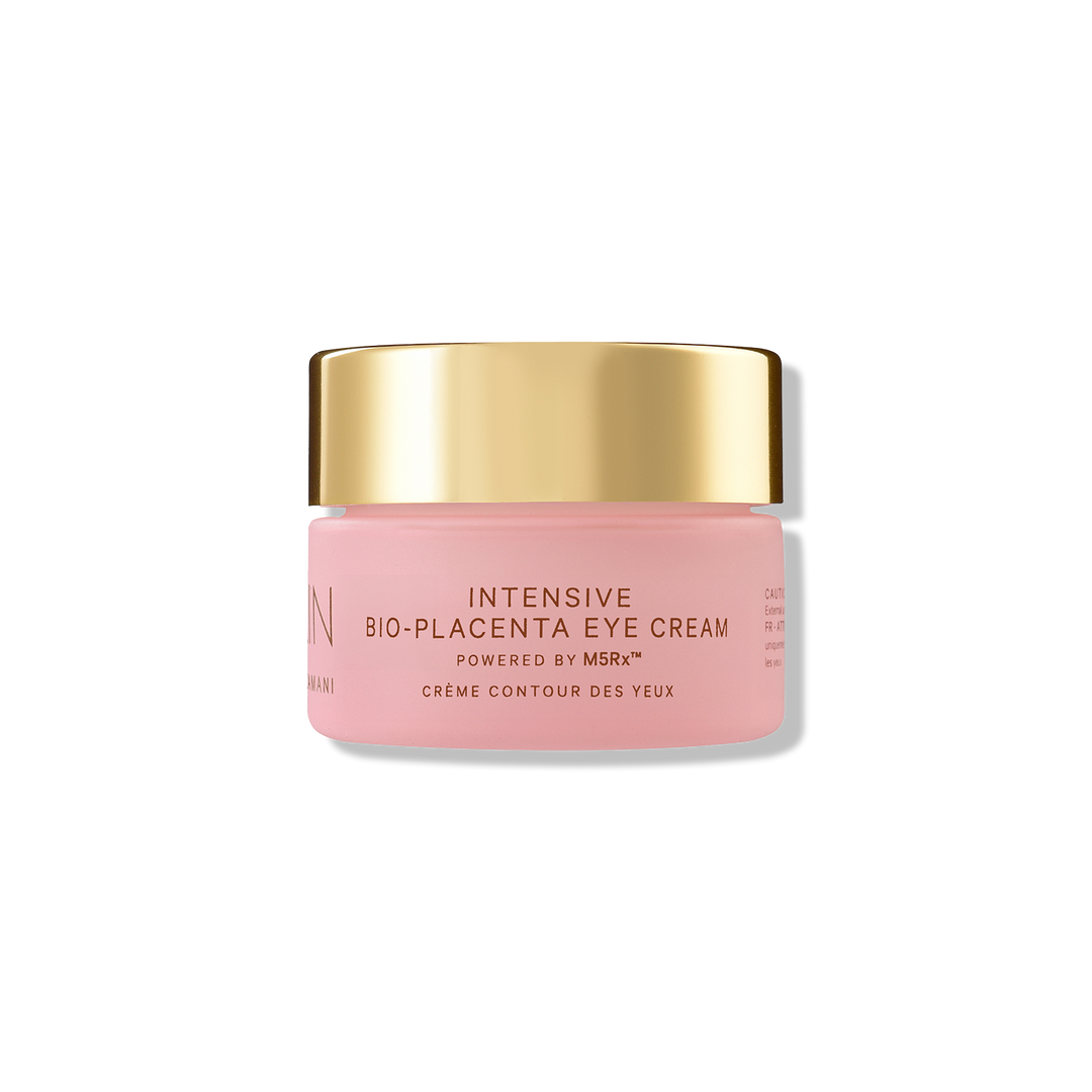 MZ Skin Intensive Bio-Placenta Eye Cream in a pink jar with a reflective gold lid and printed label