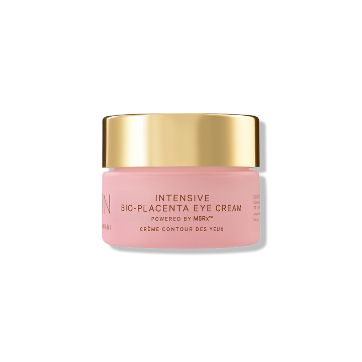 MZ Skin Intensive Bio-Placenta Eye Cream in a pink jar with a reflective gold lid and printed label