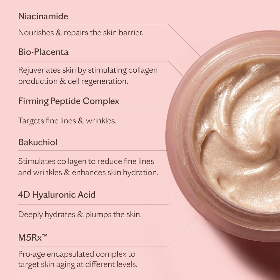MZ Skin Intensive Bio-Placenta Eye Cream in a pink jar with pearlescent cream and ingredient benefit labels