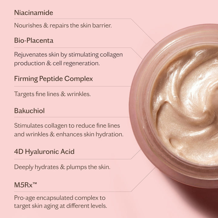 MZ Skin Intensive Bio-Placenta Eye Cream in a pink jar with pearlescent cream and ingredient benefit labels