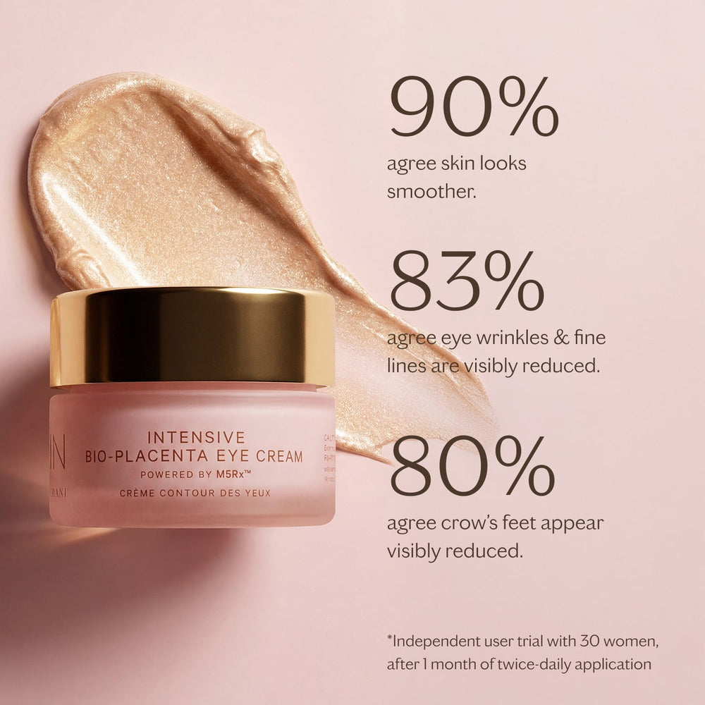 MZ Skin Intensive Bio-Placenta Eye Cream in a pink jar with gold lid and creamy luminous swatch