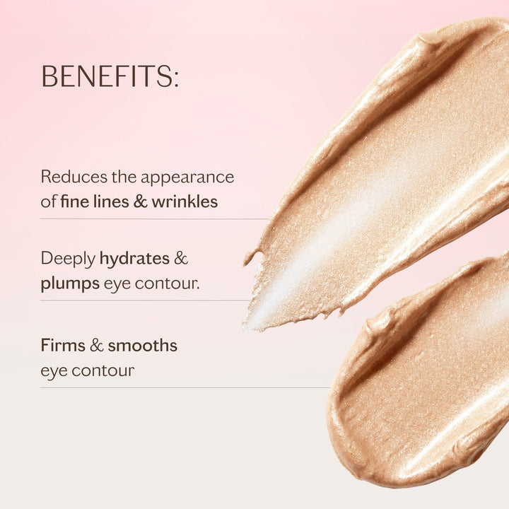MZ Skin Intensive Bio-Placenta Eye Cream shown as two shimmering champagne cream swatches with benefits text