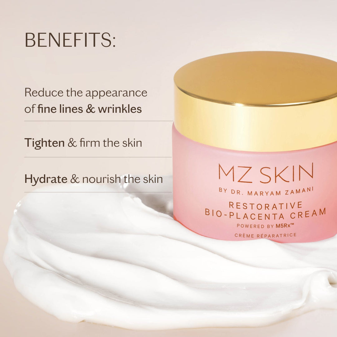MZ Skin Restorative Bio-Placenta Cream in a pink jar with a gold lid beside a white cream swatch