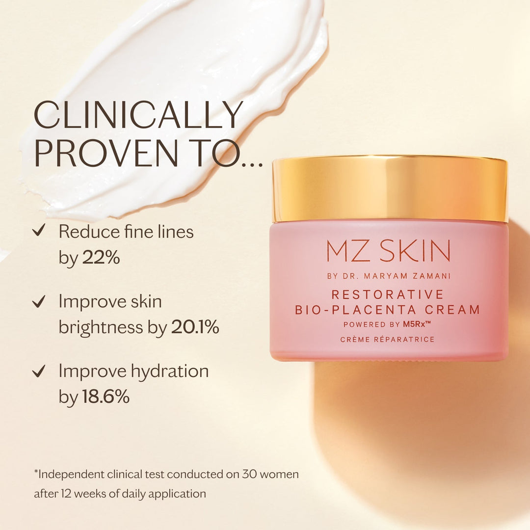 MZ Skin Restorative Bio-Placenta Cream in a pink glass jar with a reflective gold lid and printed label