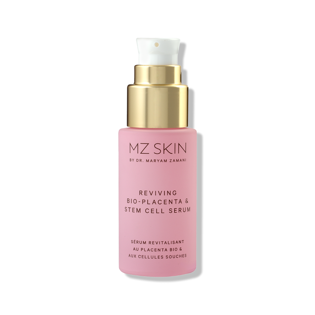 MZ Skin Reviving Bio-Placenta pink glass serum bottle with gold pump and white cap