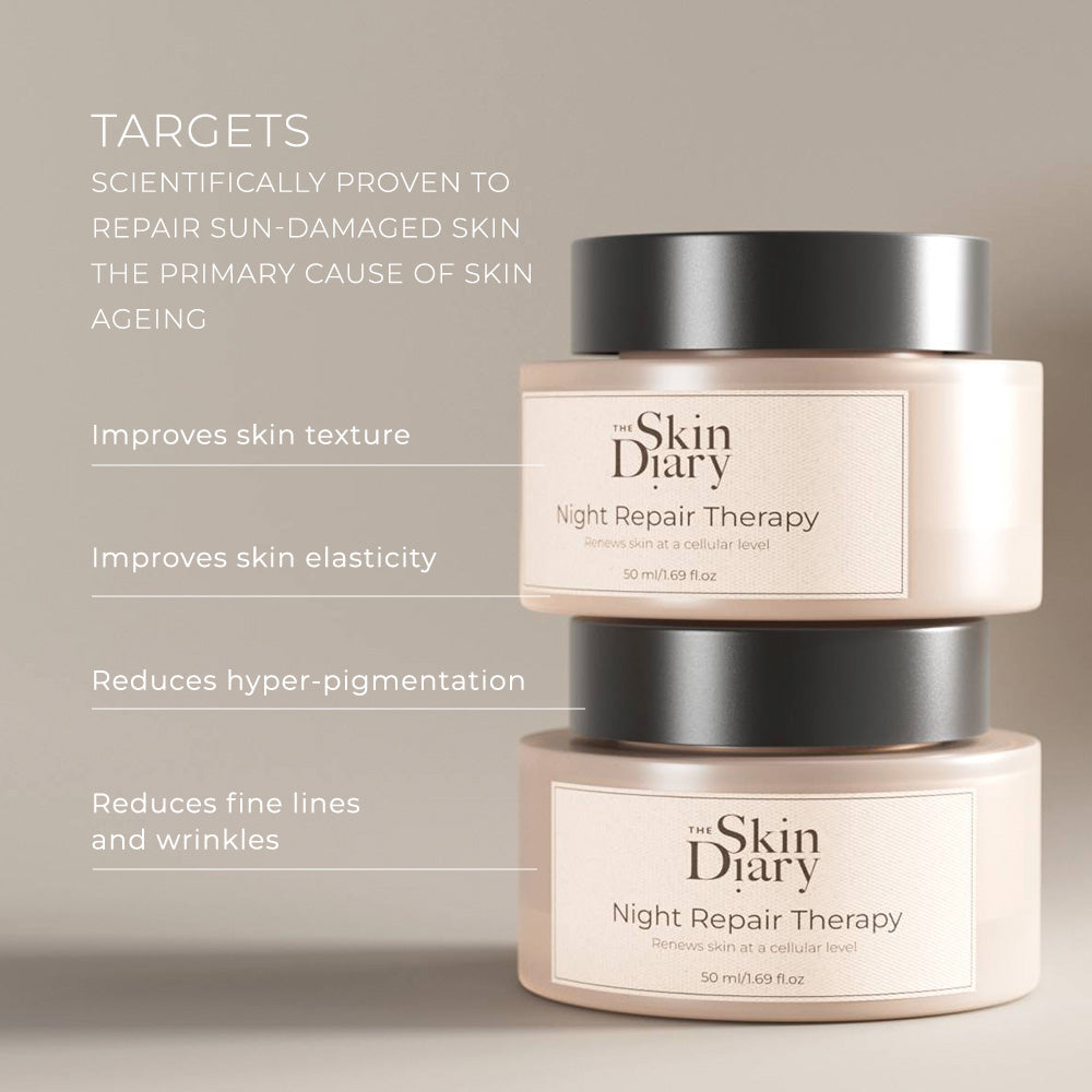 Night Repair Therapy cream in two beige jars with black lids, featuring The Skin Diary labels and anti-ageing formula