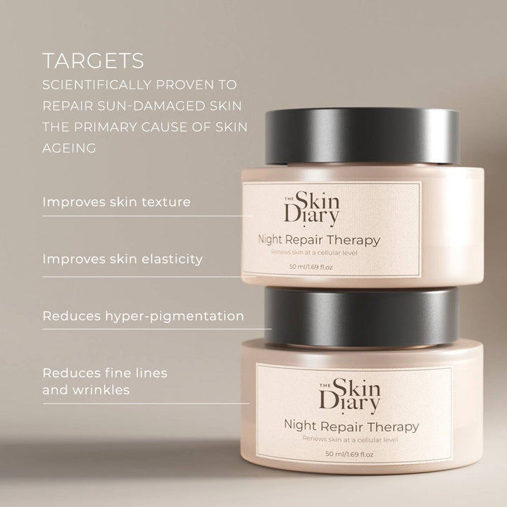 Night Repair Therapy cream in two beige jars with black lids, featuring The Skin Diary labels and anti-ageing formula