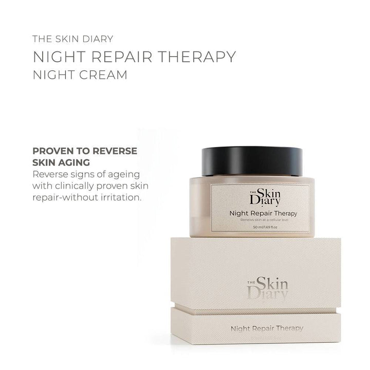 Night Repair Therapy advanced retinol night cream in beige jar with black lid on matching textured box for anti-ageing skincare